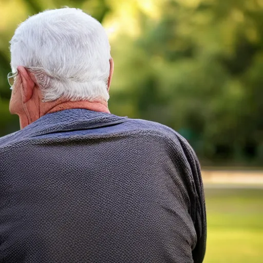 Prompt: a smiling old man seen from behind