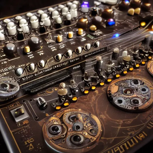 Image similar to a steampunk synthesizer, closeup details, cinematic light,