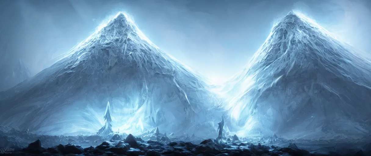 Image similar to digital painting of a frozen ice covered volcano, style of dark souls III, concept art, high angle, high detail, cold lighting, dark, vivid, beautiful, trending on artstation, by Jordan grimmer, no focus, huge scene, terrain visible