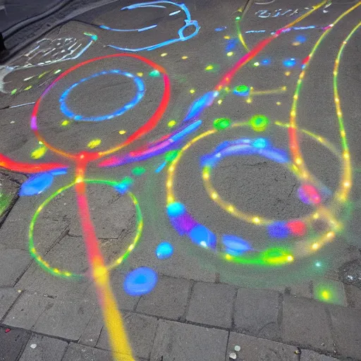 Prompt: blind vision of old paris street painted with glow circles