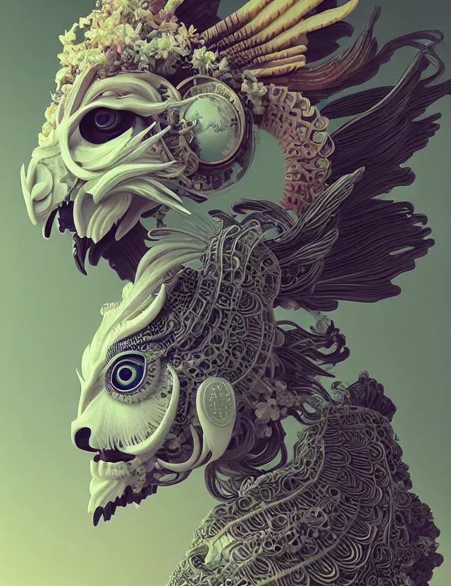 Image similar to 3 d goddess close - up profile solarpunk portrait ram skull. beautiful intricately detailed japanese crow kitsune mask and clasical japanese kimono. betta fish, jellyfish phoenix, bio luminescent, plasma, ice, water, wind, creature, artwork by tooth wu and wlop and beeple and greg rutkowski