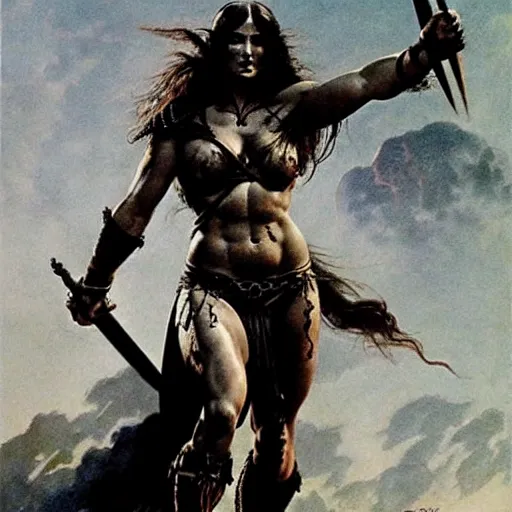 Prompt: jennifer connelly as a warrior maiden by frank frazetta