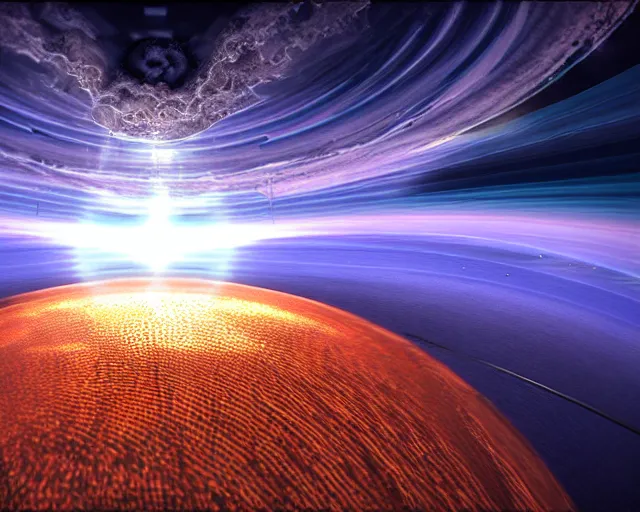 Image similar to realistic long textured magnetosphere, vortex, large array ornate, cinematic light shadows, refractions, insanely detailed, fisheye lens