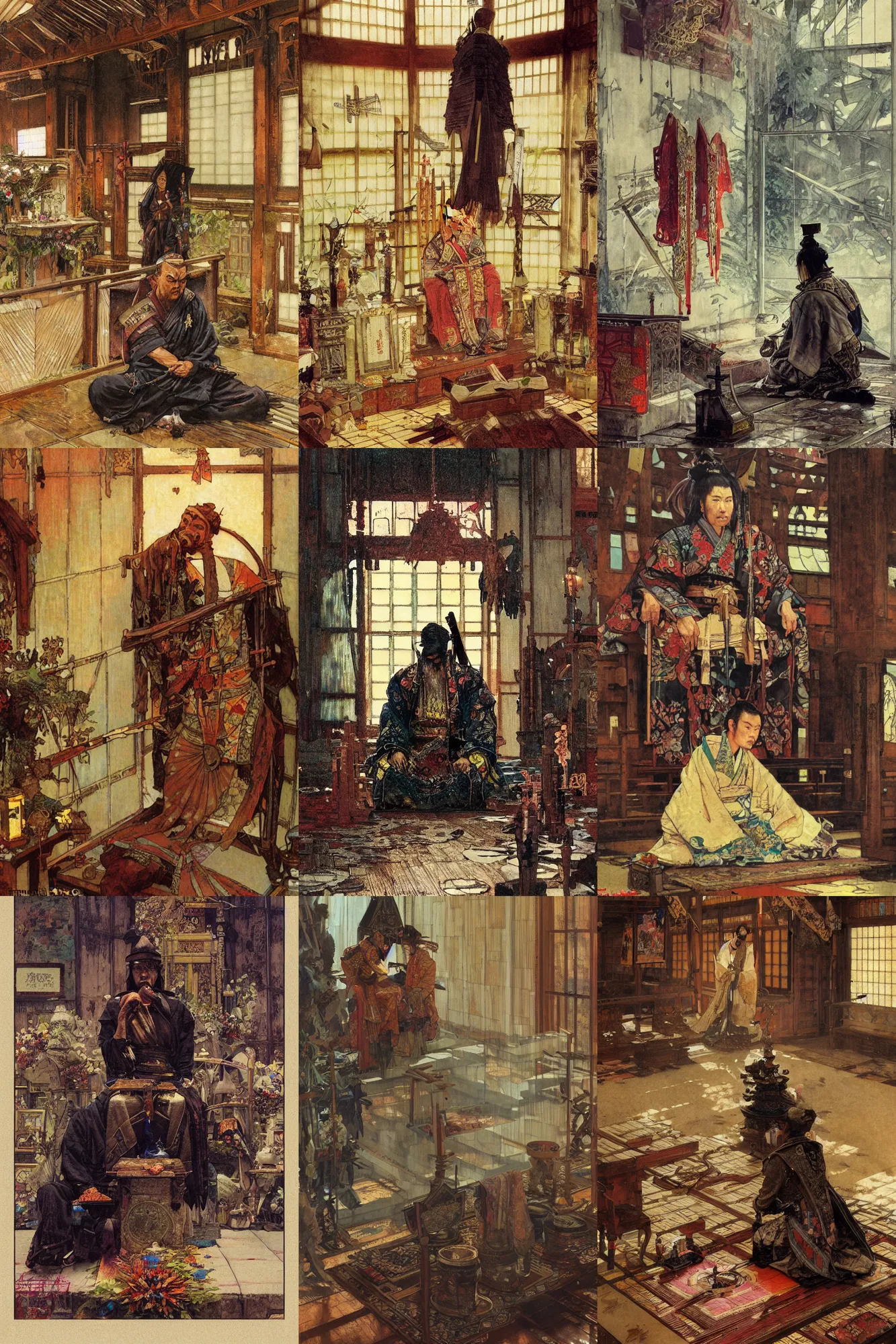 Prompt: The abandoned samurai sitting near altar, portrait by Stanley Artgerm Lau, greg rutkowski, thomas kindkade, alphonse mucha, loish, norman Rockwell