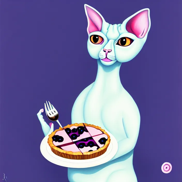 Image similar to an anthropomorphic sphynx cat fursona with big eyes eating a slice of blueberry pie, furry art, cute, oil on canvas, soft lighting