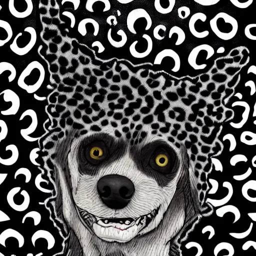 Image similar to black spotted grey dog wearing cool clothes, style of caricature and Junji Ito, 4k, Deviantart