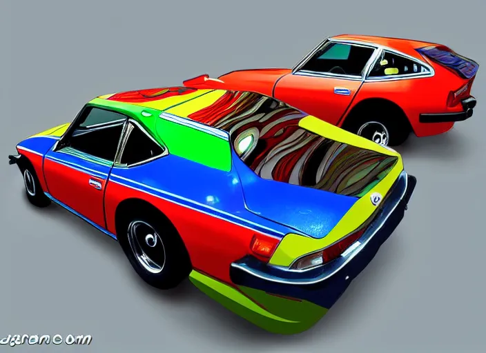 Image similar to a datsun 2 4 0 z in the art style of yaacov agam & amano, yoshitaka