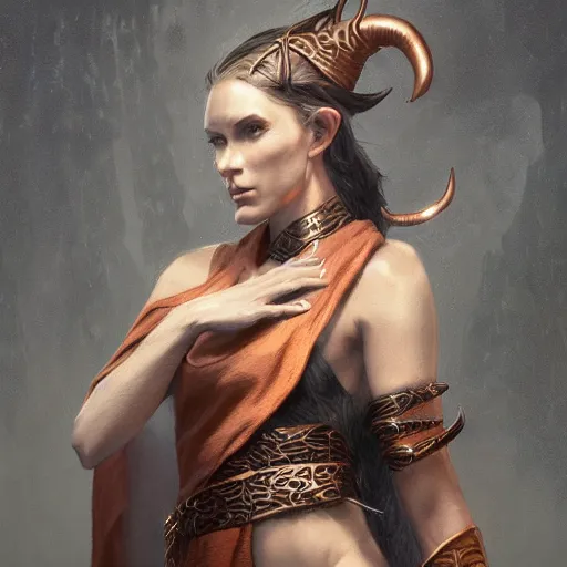 Prompt: A detailed matte painted portrait of an elf woman with small horns of copper and copper dragon scales covering her arm and neck wearing a simple white robe, by greg rutkowski, trending on artstation, dungeon and dragons art