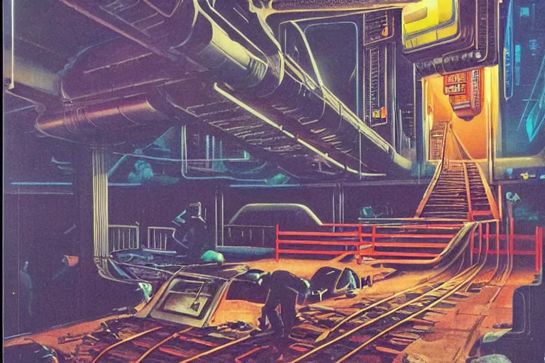 Prompt: 1979 OMNI Magazine Cover focused on a ladder to a dark subway tunnel. In the background are far off views of neo-Tokyo outskirts in cyberpunk style by Vincent Di Fate