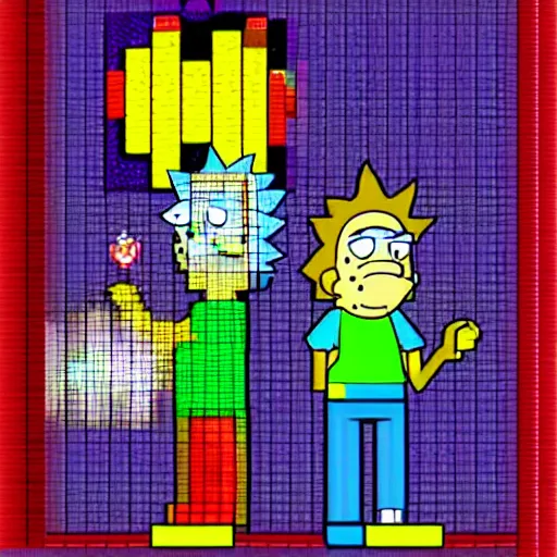 Image similar to Rick and Morty as characters in SNES Super Mario Bros, pixelated, 8bit, jumping