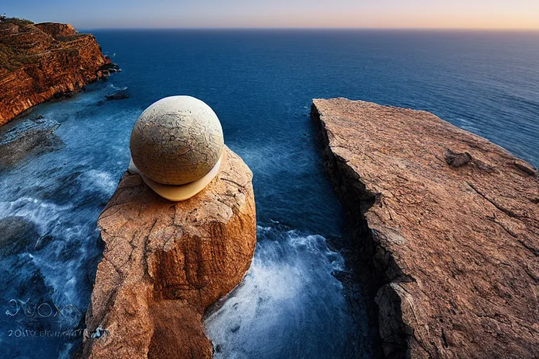 Image similar to photograph by michal karcz of a gigantic paleolothic sphere made of stone with highly detailed carvings by moebius of intricate shamanic robotic electronics and circuits, in a mediterranean lanscape, inside a valley overlooking the sea, mediterranean island scenery, mediterranean vista