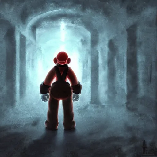 Image similar to concept art of mario from super mario bros lost in silent hill, resident evil, horror, occult, terror, mist, volumetric render, digital painting, detailed painting