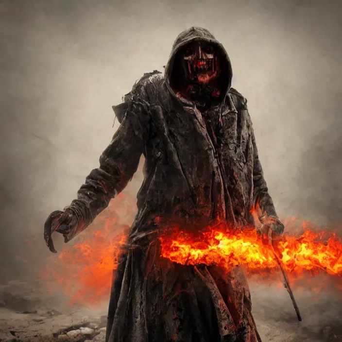 Image similar to gritty apocalyptic hooded man smiling with burning heart in chest, octane render, 4 k ultra hd, hyper - detailed, seedy lighting, sharp focus, fantasy dark art