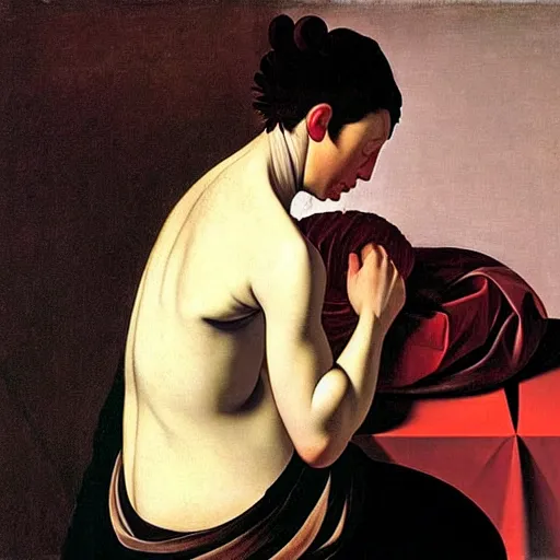 Image similar to woman on her periods by caravaggio