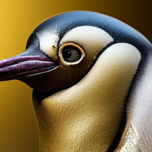 Image similar to photo taken of an epic intricate, ultra detailed, super realistic gritty, wet, lifelike sculpture of a ghoulish cyborg penguin created by weta workshop, zoomed in shots, sublime subsurface scattering, photorealistic, sharp focus, white wall coloured workshop, desaturated, cold colour temperture, f 0. 4, face centred, golden ratio, golden hour