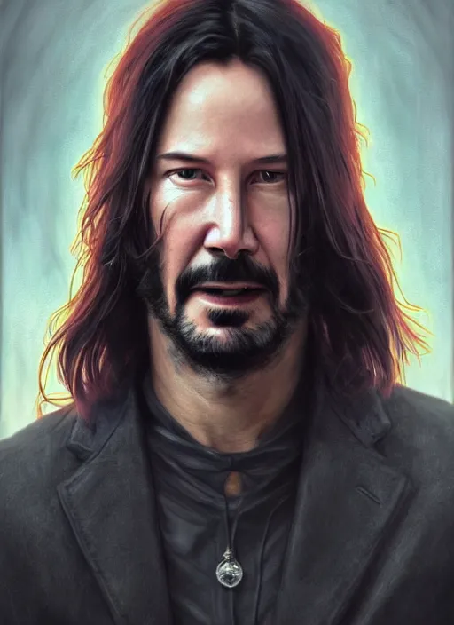 Image similar to Keanu Reeves, red glowing eyes, silver long hair, male, fantasy, extremely detailed, digital painting, artstation, concept art, smooth, sharp focus, illustration, stunning lighting, art by artgerm and greg rutkowski and alphonse mucha and simon stalenhag, realistic character concept, high fantasy, dark atmosphere, golden ratio, cinematic lighting, hyperdetailed, high resolution, insanely detailed and intricate, artstation, Marc Simonetti, Greg Rutkowski, 8k