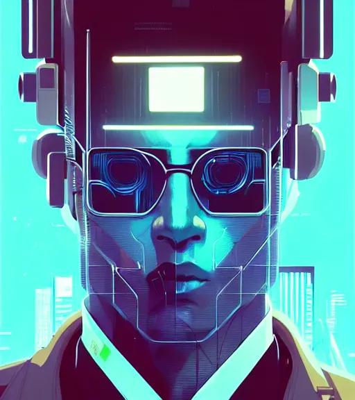 Prompt: cyberpunk synth - wave highly detailed portrait man corporate cyberpunk, by atey ghailan, by greg rutkowski, by greg tocchini, by james gilleard, by joe fenton, by kaethe butcher, dynamic lighting, gradient light blue, brown, blonde cream and white color scheme, grunge aesthetic