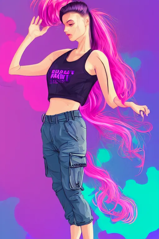 Prompt: a award winning half body porttrait of a beautiful woman in a croptop and cargo pants with ombre purple pink teal hairstyle with head in motion and hair flying, outrun, vaporware, shaded flat illustration, digital art, trending on artstation, highly detailed, fine detail, intricate