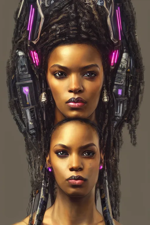 Image similar to portrait of a beautiful young Black woman, cyberpunk, Warhammer, highly detailed, artstation, illustration, art by Gustav Klimt