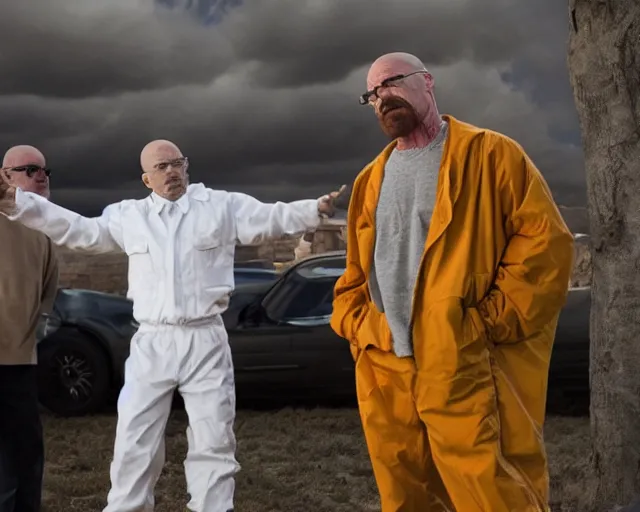 Prompt: walter white having a rap battle against saul goodman, movie still,