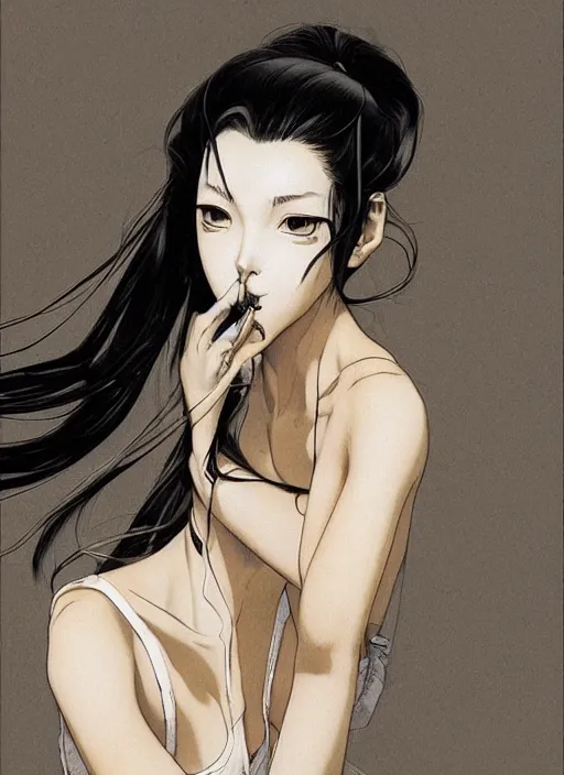 Image similar to portrait of a beautiful girl smoking a cigarette, by takehiko inoue and kim jung gi and hiroya oku, masterpiece illustration, ultrarealistic!!!!!!!!!, perfect face and anatomy, golden ratio