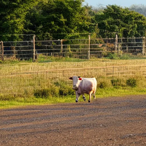 Image similar to cow running from a cage to a countryside