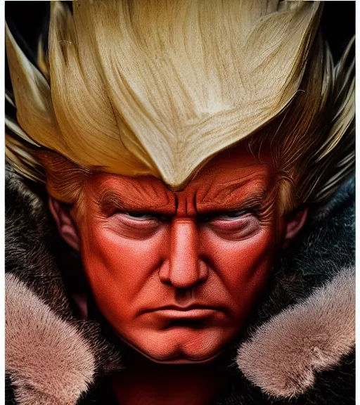 Image similar to award winning 5 5 mm close up portrait color photo of super saiyan trump, in a park by luis royo and stefan kostic. soft light. sony a 7 r iv