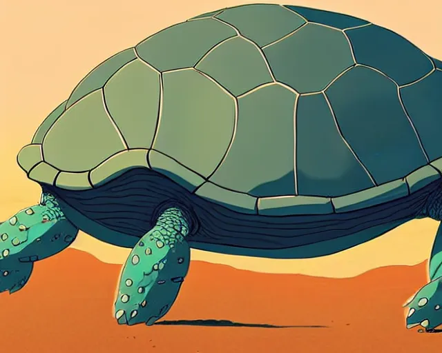 Image similar to a cell shaded cartoon giant turtle from howl's moving castle ( 2 0 0 4 ), on a desert road, illustration, wide shot, subtle colors, post grunge, concept art by josan gonzales and wlop, by james jean, victo ngai, highly detailed, sharp focus, trending on artstation, hq, deviantart, art by artgem