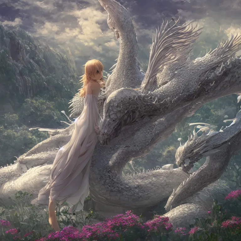 Image similar to the beautiful hyper detailed scene render that a lonely beautiful girl lies in the arms of a huge silver white dragon alone in fairyland surrounded by white clouds, finely detailed angelic face delicate features, style of studio ghibli, makoto shinkai, raphael lacoste, louis comfort tiffany, artgerm, james jean, ross tran, animation style, hd, ultra wide angle