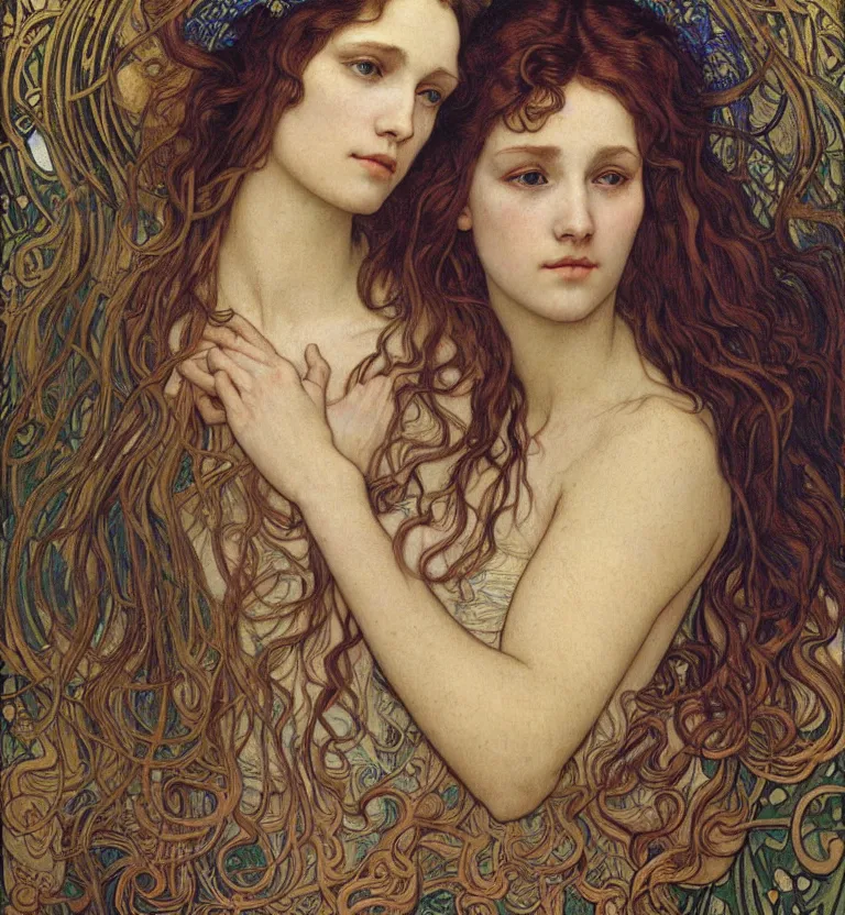 Image similar to detailed realistic beautiful young medieval queen face portrait by jean delville, alphonse mucha, vincent van gogh, and marco mazzoni, art nouveau, symbolist, visionary, gothic, pre - raphaelite