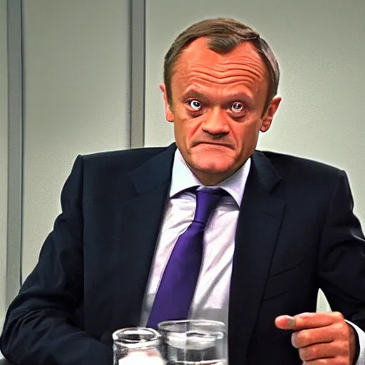 Image similar to Donald Tusk in a still from the american sitcom The Office