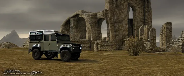 Image similar to Land Rover Defender 110 (1985), The Elder Scrolls III: Morrowind, dwemer Akulakhan robot in the distance, ancient dwemer ruins, an epic fantasy, dramatic lighting, cinematic, establishing shot, extremely high detail, photorealistic, cinematic lighting, artstation, by simon stalenhag, the Nerevarine drives across Morrowind, strange flora, strange fauna, Bull Netch floating around, Morrowind fauna prominent across the landscape
