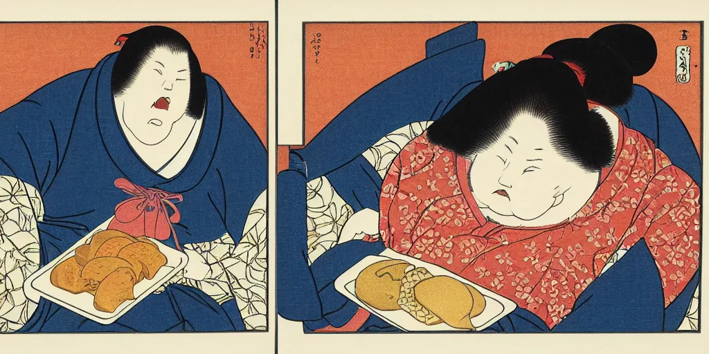 Image similar to ukiyo - e woodblock print of an obese middle aged american woman eating a hamburger, by hokusai