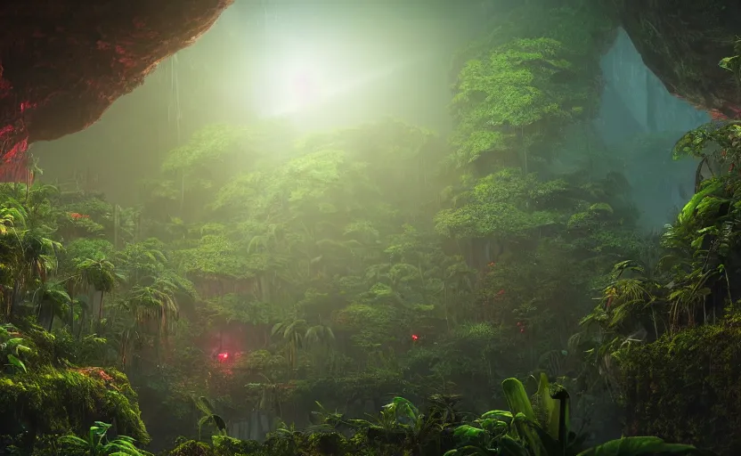 Image similar to a beautiful render of a sci - fi scientific industrial facility localized in a jungle cave, lush flora, patches of yellowish - red - magenta sky, sunset lighting, detailed, hazy, humid, volumetric lighting, god rays, 8 k, photorealistic, raytracing effects, rtx on