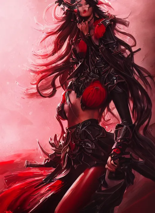 Prompt: a highly detailed illustration of elegant long black haired woman wearing red and black battle dress, heroically posing, with rainbow magic surrounding her, intricate, elegant, highly detailed, centered, digital painting, artstation, concept art, smooth, sharp focus, league of legends concept art, WLOP