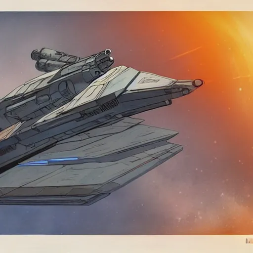 Image similar to a concept art for a star wars spaceship,cinematic, in the style of Ralph McQuarrie