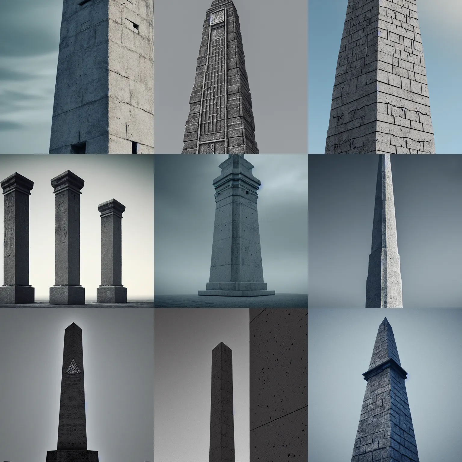 Prompt: detailed intricate carved geometric obelisk lighthouse, made of stone and concrete, brutalism style, dark and misty, full shot, full height, 8K octane render