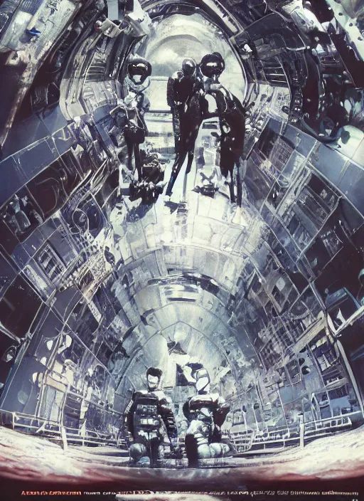 Image similar to astronauts in dark and empty void underwater - complex and hyperdetailed technical suit. reflection and dispersion materials. rays and dispersion of light. volumetric light. 5 0 mm, f / 3 2. noise film photo. flash photography. ultra realistic, wide angle. poster by wayne barlowe, hajime sorayama aaron horkey, craig mullins