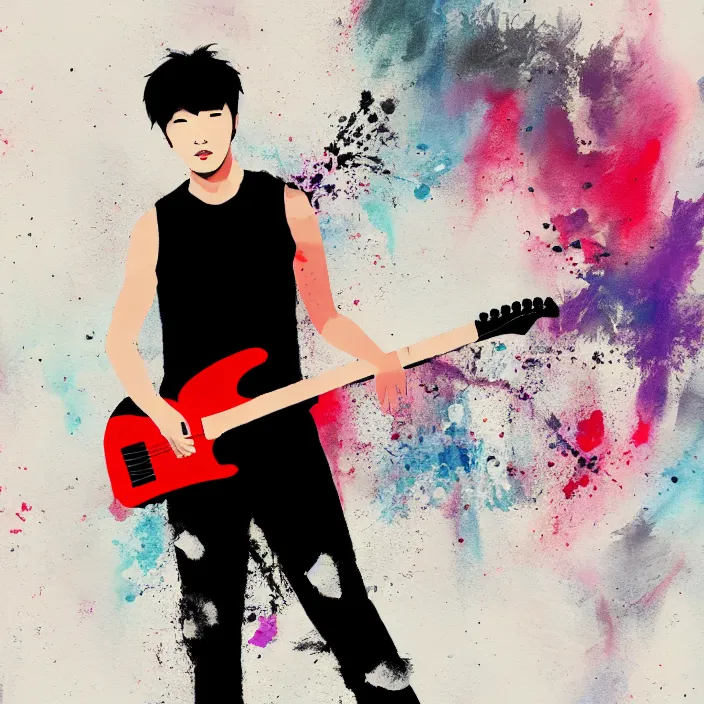 Prompt: a young korean male musician wearing black tank top holding a telecaster!!! electric guitar!! explodes in thick flowing dramatic brush strokes, matte colors, abstract, impressionist, motion, trending on artstation