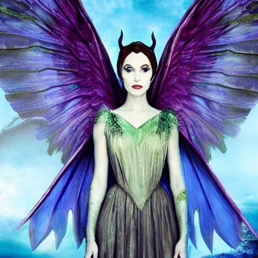 Prompt: fairy with wings, similar to maleficent, fantasy, lord of the rings