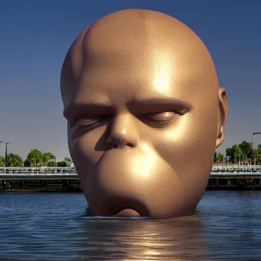 Prompt: a giant inflatable human head with open mouth on realistic water, in the style of chad knight, long shot, hyper detailed, hyper realistic, ray tracing, 8 k resolution, sharp focus, realistic water, award winning