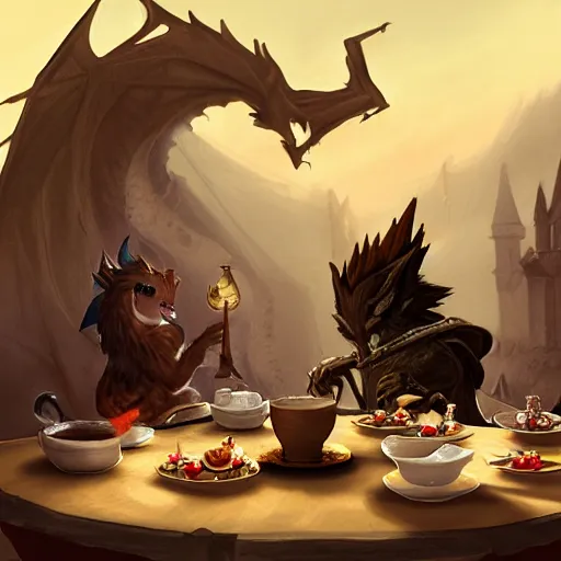 Image similar to matte painting of dragon slayer ornstein having a tea party with squirrels