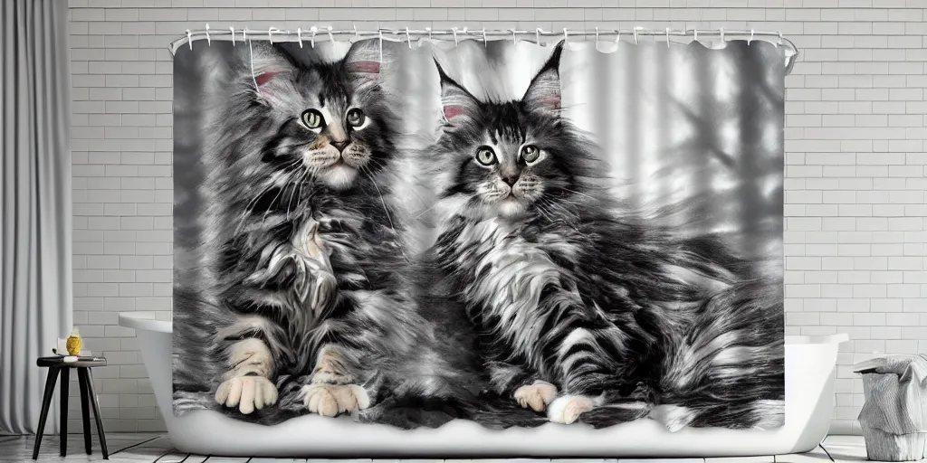 Prompt: a animated maine coon kitten artwork themed shower curtain, shower curtain. digital art. product photography. product lighting. 4 k, highly detailed. saturated.