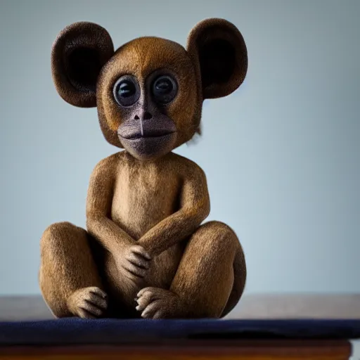 Prompt: a very beautiful stuffed monkey on a table. shallow focus. f 0. 9 5