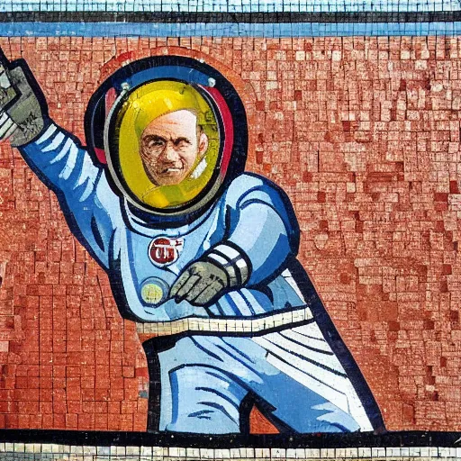Prompt: soviet mosaic of an cosmonaut exploring deep space, on a giant wall of an apartment building, socialist, propaganda