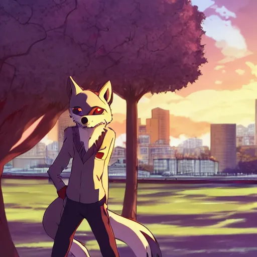 Prompt: key anime visual of a handsome male anthro wolf furry fursona wearing an edgy outfit as he walks outdoors in a city at sunset, official modern anime scene