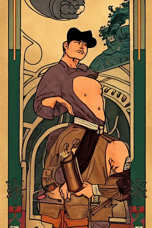Prompt: a beautiful tarot! card of a beefy open-shirt ((chinese)) cowboy in front of a steam locomotive, homoerotic, steam, smoke, railroad, art deco!, art nouveau, (steampunk), trending on artstation