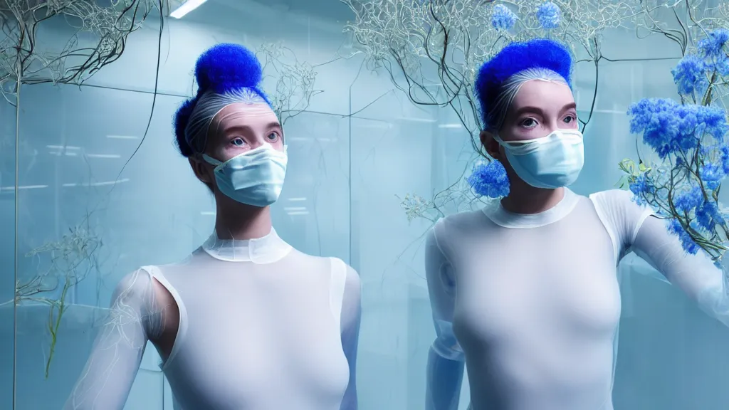 Prompt: symmetrical portrait of a woman wearing a blue embroidered translucent silicone mask and white frizzy hair buns, wearing a black bodysuit, standing in a sterile room full of translucent silicone white flowers and plants, white background, soft diffused light, biotechnology, humanoide robot, futuristic aesthetic, translucent, ethereal, intricate details, highly detailed, masterpiece,