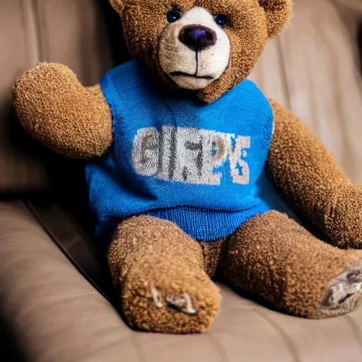 Image similar to a teddy bear getting up off the couch while staring at you creepily wearing a sweater vest, 4 k photo