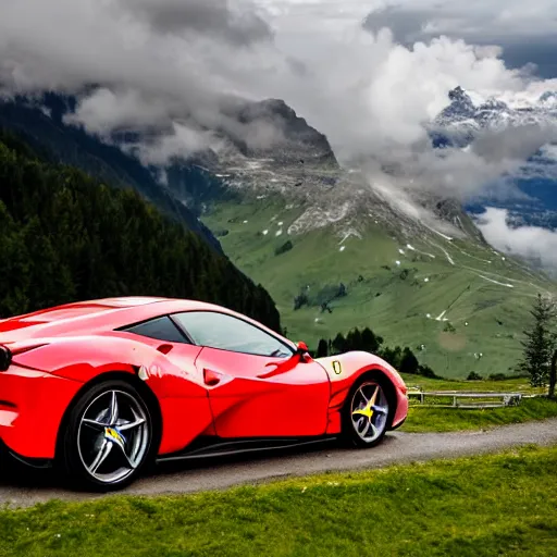 Image similar to a ferrari on a cloudy day in the swiss alps